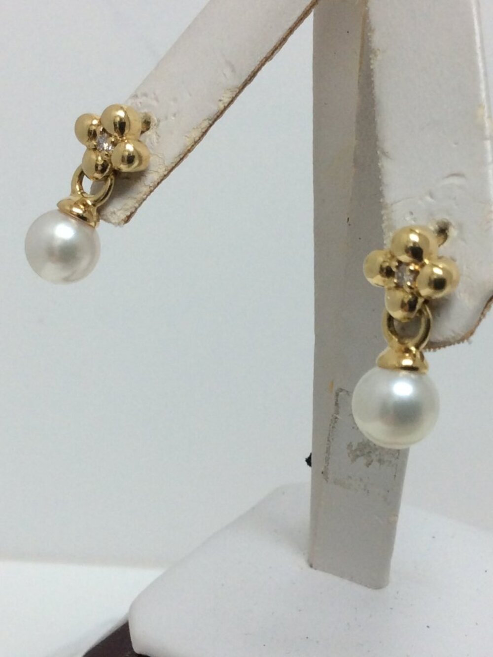 18k YELLOW Real Solid GOLD Pearl Diamond Drop EARRINGS 5.3gr  .04ct
